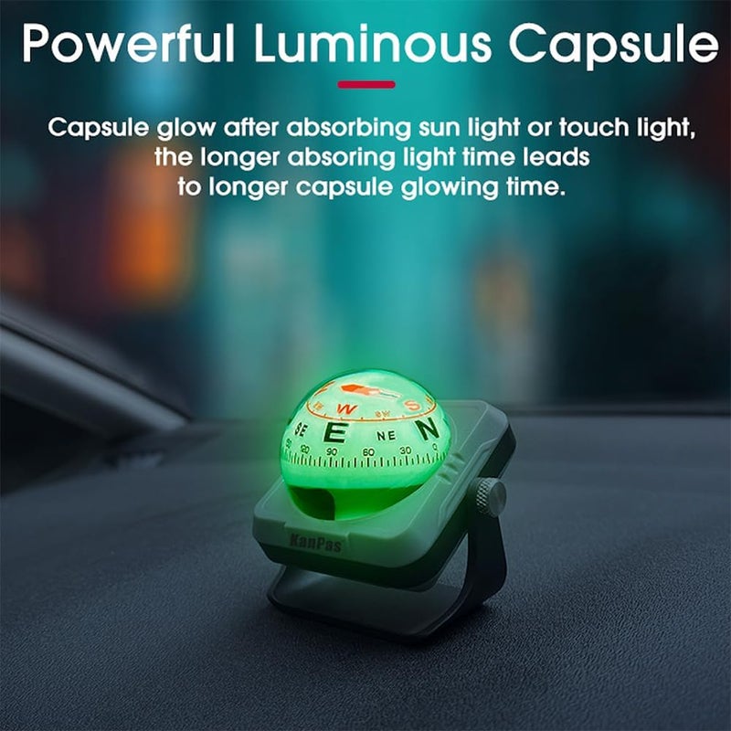 KanPas V-39-L Dashboard Ball Compass for Car with Double Dials Luminous Capsule Adjustable Holder - Image 1